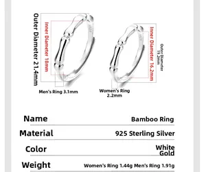 Detailed size parameters for 925 sterling silver bamboo style couple rings in white gold