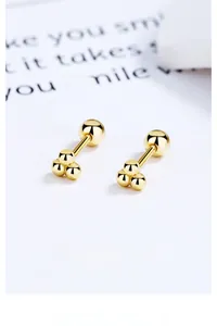 Macro detail of three-bead S925 sterling silver screw back stud earrings in gold finish