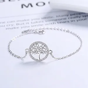 925 Sterling Silver Tree of Life Bracelet For Women Minimalist Hollow Leaf Rhinestone Pave Adjustable Chain Bracelet Anklet Jewelry