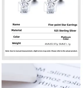 Detail of 925 sterling silver star stud earrings showing 4.1mm and 5.2mm size specs