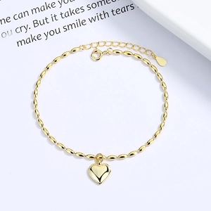 Minimalist 925 sterling silver gold-plated heart pendant bracelet with rice bead chain