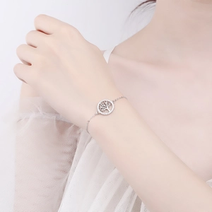 925 sterling silver Tree of Life bracelet with hollow leaf pendant and sparkling crystals