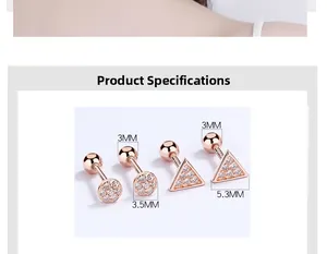 Detailed size parameters of 925 silver rose gold geometric triangle and round stud earrings