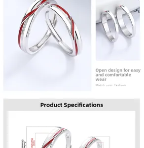 Detail of S925 sterling silver couple rings showing red enamel stripe and adjustable band
