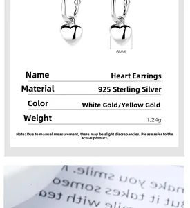 Détails de boucles d'oreilles cœur en argent 925 en finitions or blanc et jaune