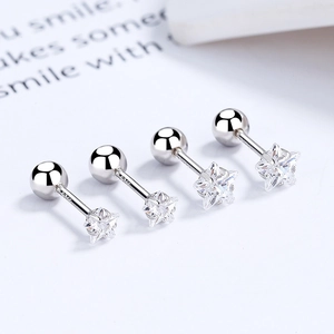 Set of four minimalist S925 sterling silver star stud earrings with cubic zirconia stones