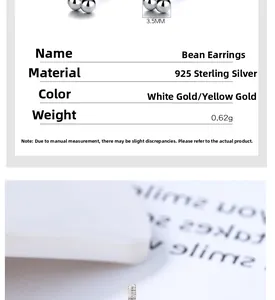 Detail of 3.5mm 925 sterling silver bean stud earrings in white gold and gold finishes