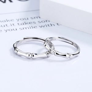 Bamboo style 925 sterling silver couple rings with polished finish and open design
