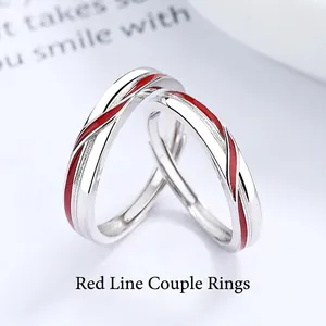 925 Sterling Silver Red Line Couple Rings For Men Women Minimalist Enamel Adjustable Open Finger Rings Fashion Jewelry Gift