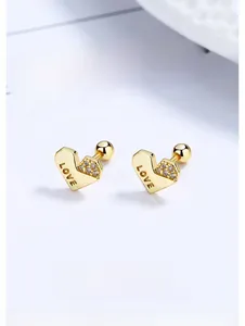 Detail of heart stud earrings with LOVE engraving and pave-set cubic zirconia stones