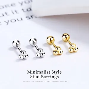 Minimalist 925 Sterling Silver Tri-Bead Stud Earrings For Women Tiny Screw Back Cartilage Earrings Gold White Gold Plated Jewelry