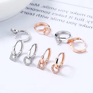 Boucles d'Oreilles Créoles Géométriques en Argent Sterling 925 pour Femmes Micro-Incrustées de Zirconia Circulaires Carrées Huggie Bijoux Coréens Minimalistes