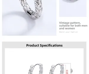 Macro detail of silver S925 earrings with vintage engraved texture and 11mm inner diameter
