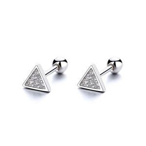 Minimalist 925 sterling silver triangle stud earrings with white zircons and ball back
