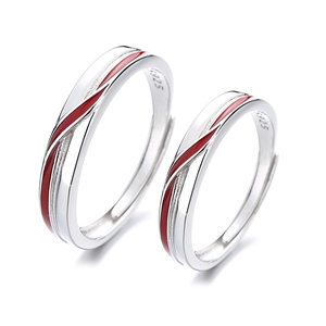 925 sterling silver couple rings with red enamel wave design and adjustable open bands
