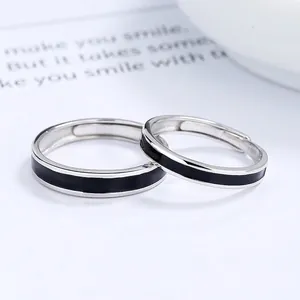 Anelli di Coppia in Argento Sterling 925 Minimalista Smalto Nero Anello Regolabile Aperto Uomo Donna Gioielli Regalo