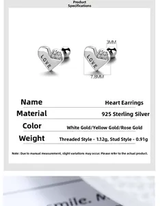 Detailed size and material guide for 925 sterling silver heart love screw-back earrings
