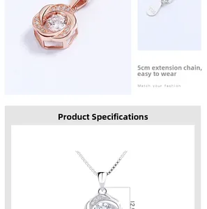Détail du pendentif rose en argent S925 avec une chaîne d'extension réglable de 5cm