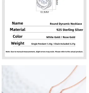 Détail du collier en argent sterling 925 avec pierre dansante et dimensions précises