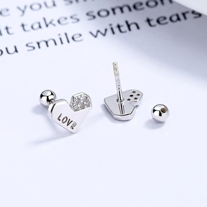925 Sterling Silver Heart Stud Earrings Love Letter Rhinestone Screw Back Small Ear Bone Studs Women Fashion Jewelry Gift