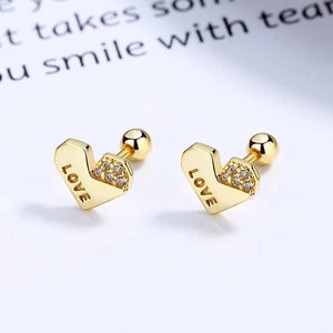 925 silver heart stud earrings with LOVE engraving and pavé cubic zirconia accents
