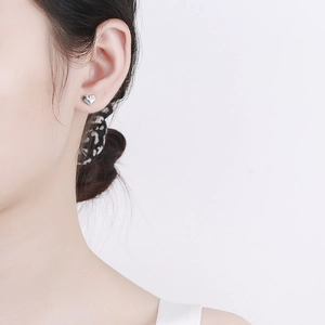 Minimalist 925 sterling silver heart stud earrings with LOVE engraving and tiny diamond