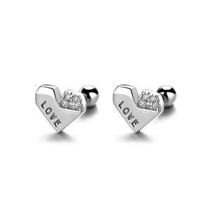 Polished 925 sterling silver heart earrings with LOVE engraving and white cubic zirconia