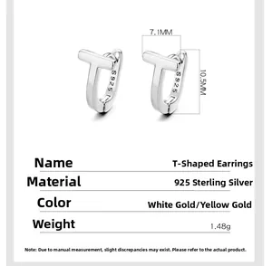 Detailed view of T-shape 925 sterling silver earrings with S925 hallmark and dimensions