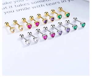 Detailed view of heart-shaped zircon earrings with S925 silver posts and screw backs