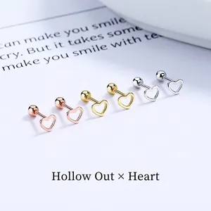 Orecchini a Bottone in Argento Sterling 925 Cuore Svuotato per Donna Piccoli Orecchini con Chiusura a Sfera Regalo Gioielli