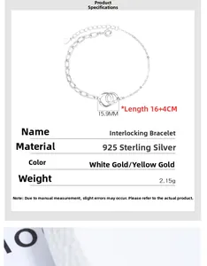 Detail view of 925 silver interlocking ring bracelet with size specs 16 plus 4cm length