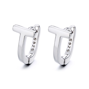 Minimalist S925 sterling silver hoop earrings with T-shaped geometric design on white base