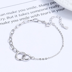 925 Sterling Silver Interlocking Double Circle Bracelet For Women Minimalist Geometric Link Chain Rhinestone Jewelry Gift