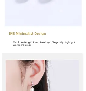 Close-up of mid-long shell pearl earrings with shimmering pavé crystal details