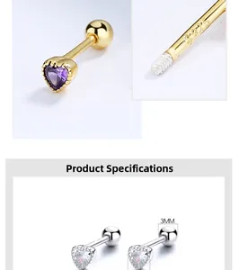 Detail view of heart zircon studs with 3mm screw back and S925 silver hallmark