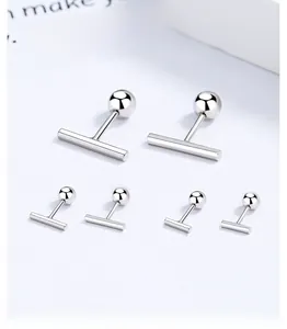 Detailed comparison of three sizes of minimalist 925 silver bar stud earrings on white card