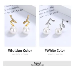 Close-up of wavy S925 silver pearl earrings in gold and silver finish with zircon