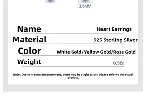 Detailed size and weight specifications for S925 sterling silver heart stud earrings