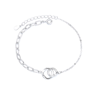 Minimalist S925 sterling silver interlocking double circle bracelet with asymmetric chain