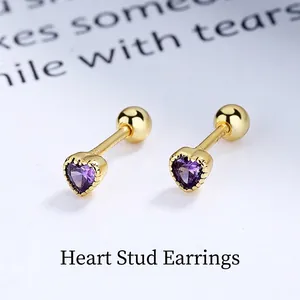 925 Sterling Silver Heart Zirconia Stud Earrings For Women Minimalist Gold Silver Plated Threaded Screw Back Bone Studs Jewelry