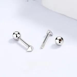 Detail of 925 sterling silver triangle stud earrings with secure screw back closure