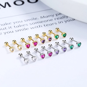 925 silver heart zirconia stud earrings with screw ball backs in multiple colors