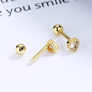 925 silver heart zirconia stud earrings with screw back design in gold plating