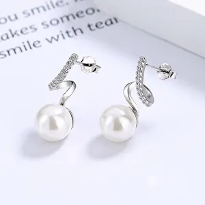 Elegant Wave Spiral Artificial Pearl Earrings With 925 Sterling Silver Earring Post Zirconia Inlaid Wedding Party Jewelry For Women