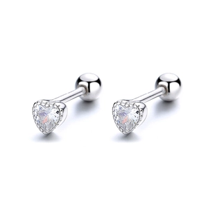 925 silver heart-shaped zircon stud earrings with secure screw-back ball closure