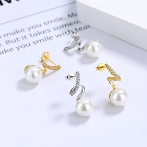 S925 silver wave spiral earrings with white pearls and sparkling zircon stones