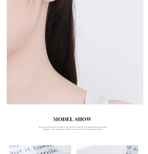 Detail of minimalist star ear stud fabric label with model neck view and English print