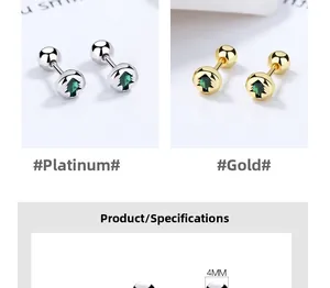 Detailed view of 4mm Christmas tree screw back earrings in gold and silver plating