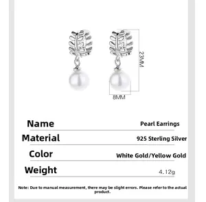 Detailed specs of leaf pearl earrings in 925 silver with 23mm x 8mm dimensions