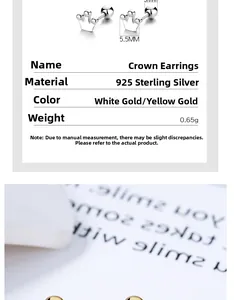 Detailed size chart for 925 sterling silver crown screw earrings in gold and white gold